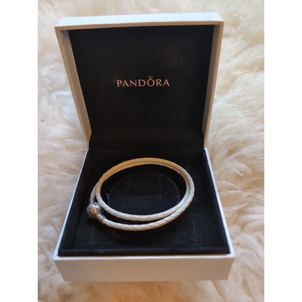 Pandora White Double Wrap Braided Leather Bracelet 15” Sterling Silver Clasp